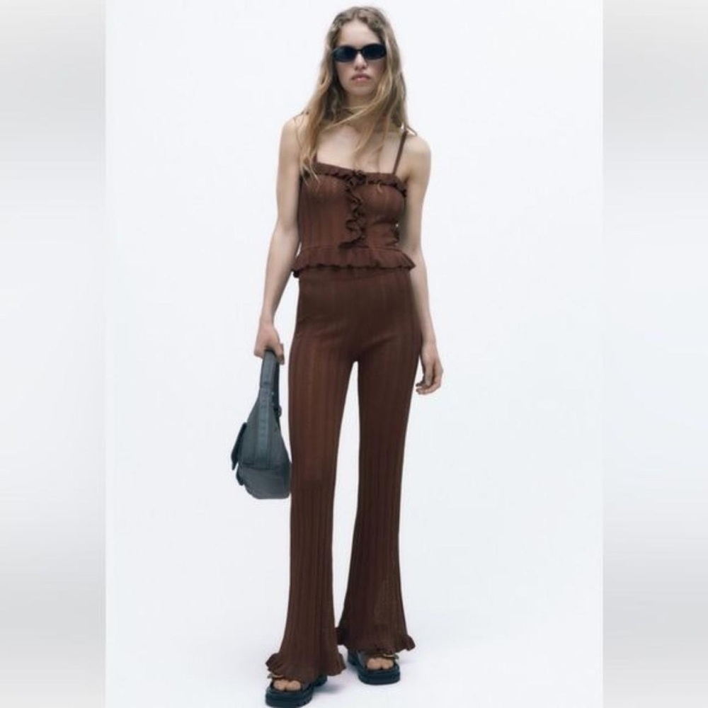 ZARA BROWN KNIT RUFFLE FLARE MATCHING PANT & TOP SET SMALL